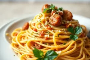 espaguete cremoso com calabresa